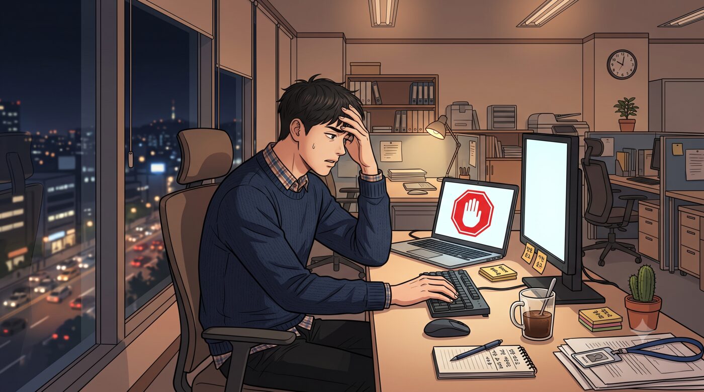늦은 저녁 사무실에서 신입 직원이 화면에 뜬 빨간 정지 표시를 보며 이마를 짚고 있다.